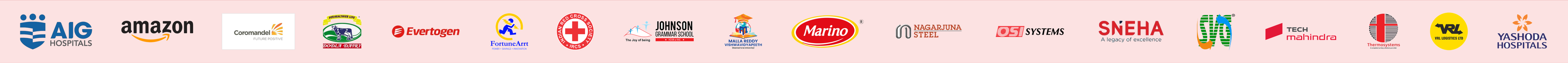 Client logos: AIG Hospitals, Amazon, Coromandel, Evertogen, Johnson Grammar School, Marino, Nagarjuna Steel, OSI Systems, Sneha, Tech Mahindra, Yashoda Hospitals and more